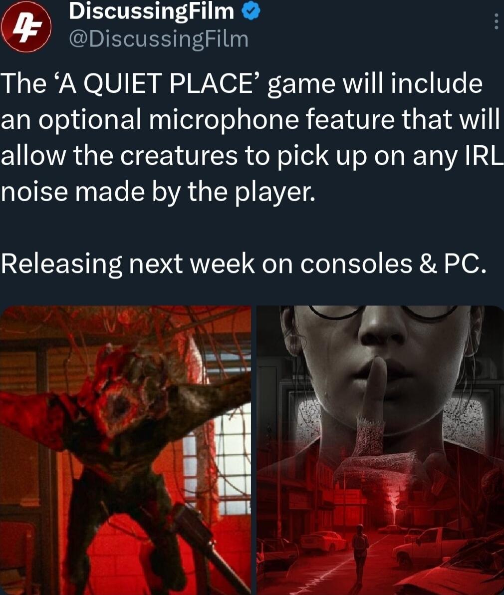 P IETTERT T4 I ES The A QUIET PLACE game will include an optional microphone feature that will allow the creatures to pick up on any IRL noise made by the player Releasing next week on consoles PC