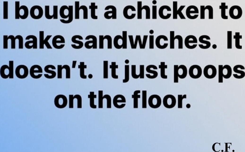 I bought a chicken to make sandwiches It doesnt It just poops on the floor R
