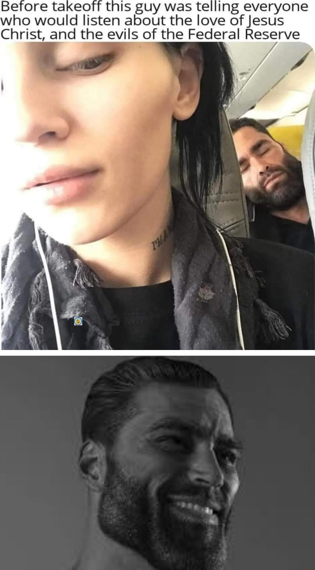 Before takeoff this guy was telling everyone who would listen about the love of Jesus Christ and the evils of the Federal Reserve