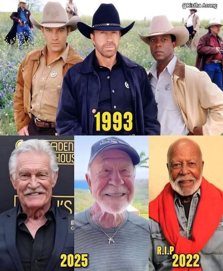 Actors Chuck Norris, Judson Mills, and Clarence Gilyard Jr. from Walker, Texas Ranger in 1993. Below are their aged versions: Judson Mills in 2025, Chuck Norris in 2025, and Clarence Gilyard Jr. with 'R.I.P. 2022'.
