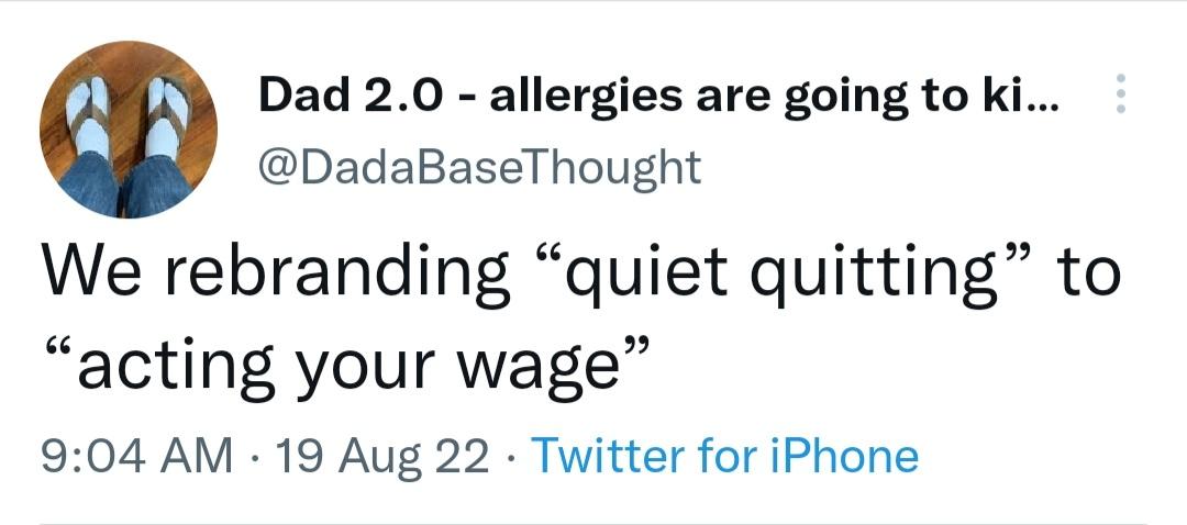 Dad 20 allergies are going to ki DadaBaseThought We rebranding quiet quitting to acting your wage 904 AM 19 Aug 22 Twitter for iPhone