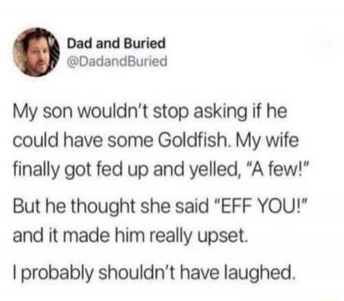 My son wouldn't stop asking if he could have some Goldfish. My wife finally got fed up and yelled, 'A few!' But he thought she said 'EFF YOU!' and it made him really upset. I probably shouldn't have laughed.
