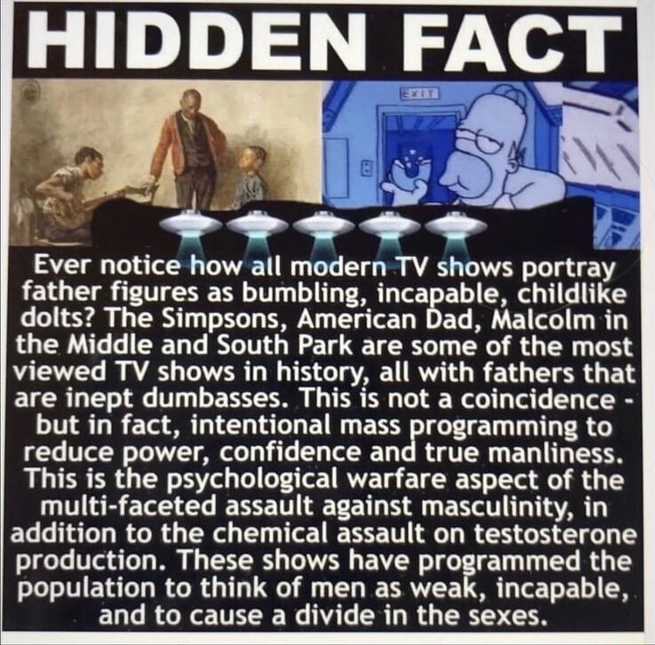 HIDDEN FACT Ever notice how all modern TV shows portra father figures as bumbling incapable childlike dolts The Simpsons American Dad Malcolm in the Middle and South Park are some of the most viewed TV shows in history all with fathers that are inept dumbasses This is not a coincidence LIS LR LI LI ET U ERLTGEIET TR reduce power confidence and true manliness This is the psychological warfare aspec