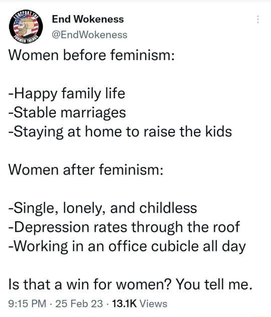 End Wokeness EndWokeness Women before feminism Happy family life Stable marriages Staying at home to raise the kids Women after feminism Single lonely and childless Depression rates through the roof Working in an office cubicle all day Is that a win for women You tell me 915 PM 25 Feb 23 131K Views