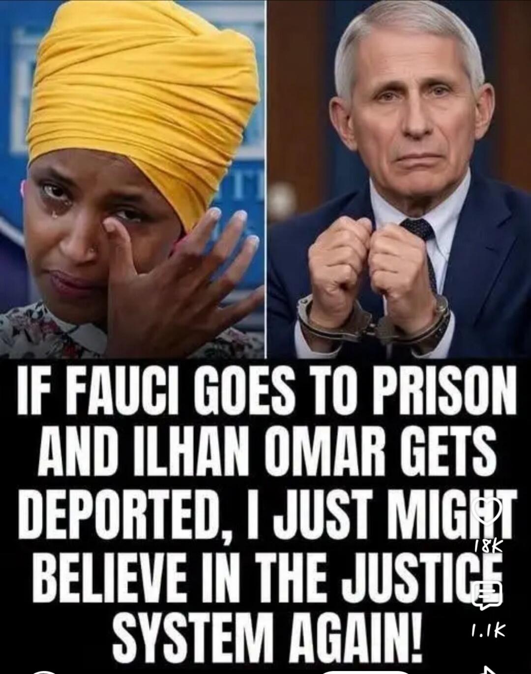 IF FAUCI GOES TO PRISON AND ILHAN OMAR GETS DEPORTED, I JUST MIGHT BELIEVE IN THE JUSTICE SYSTEM AGAIN!