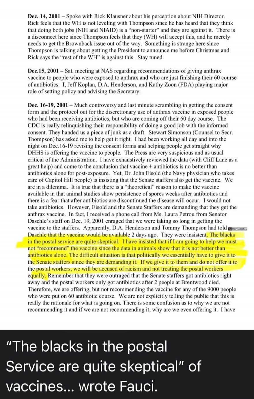 The document details internal discussions and concerns from December 2001 regarding the anthrax vaccine. It mentions a controversy over the discretionary use of the anthrax vaccine for people exposed, with concerns that the CDC was relinquishing responsibility. Data suggested that vaccine plus antibiotics was no better than antibiotics alone. A sig