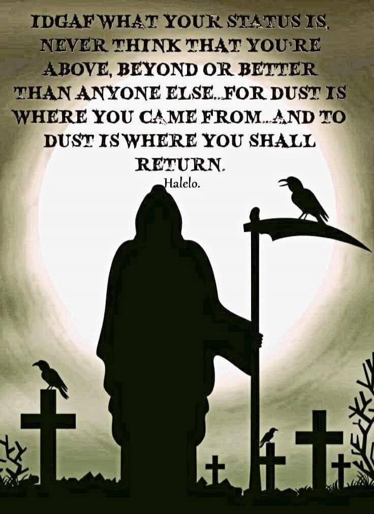 IDGAF WHAT YOUR STATUS IS, NEVER THINK THAT YOU'RE ABOVE, BEYOND OR BETTER THAN ANYONE ELSE... FOR DUST IS WHERE YOU CAME FROM... AND TO DUST IS WHERE YOU SHALL RETURN. Halelo.