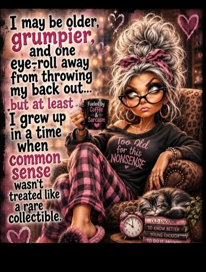 I may be older, grumpier, and one eye-roll away from throwing my back out... but at least I grew up in a time when common sense wasn't treated like a rare collectible. Fueled by Coffee -&- Sarcasm. Too Old for this NONSENSE. OLD ENOUGH TO KNOW BETTER. YOUNG ENOUGH TO DO IT ANYWAY.