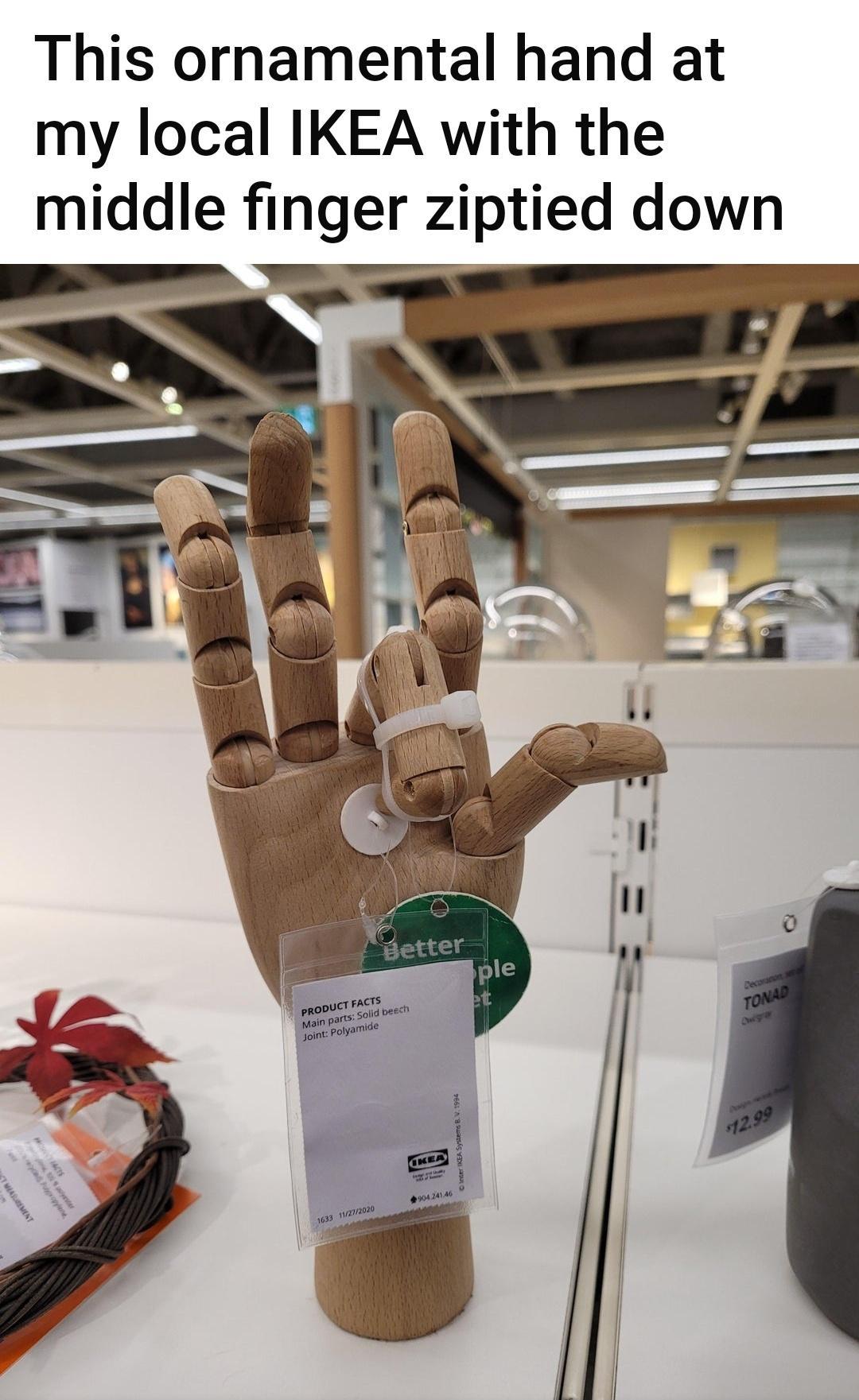 This ornamental hand at my local IKEA with the middle finger ziptied down