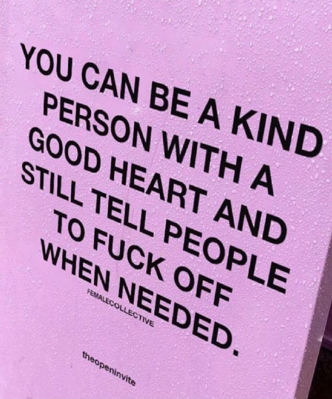 YOU CAN BE A KIND PERSON WITH A GOOD HEART AND STILL TELL PEOPLE TO FUCK OFF WHEN NEEDED.
