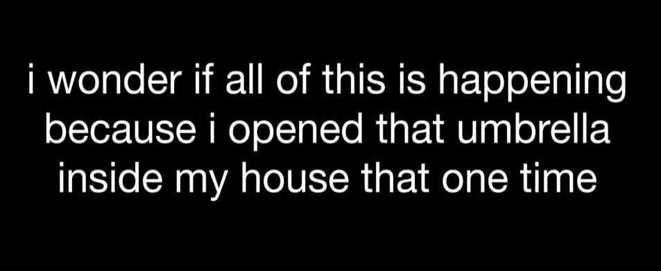 i wonder if all of this is happening because i opened that umbrella inside my house that one time
Session ID: 1000908.