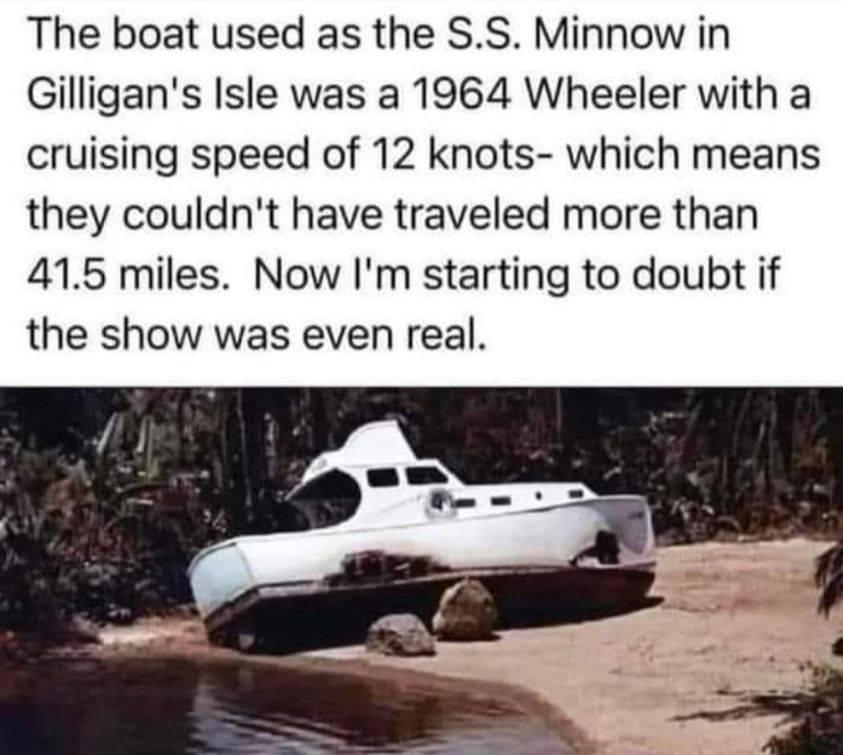 The boat used as the SS Minnow in Gilligans Isle was a 1964 Wheeler with a cruising speed of 12 knots which means they couldnt have traveled more than 415 miles Now Im starting to doubt if the show was even real