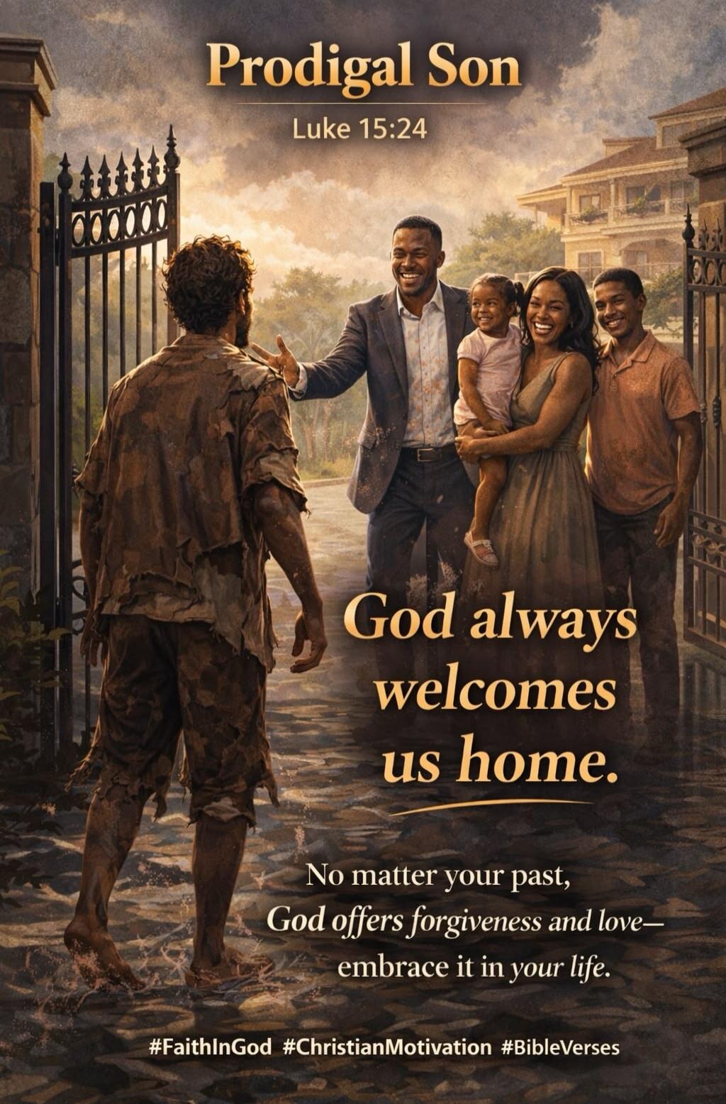 Prodigal Son. Luke 15:24. God always welcomes us home. No matter your past, God offers forgiveness and love— embrace it in your life. #FaithInGod #ChristianMotivation #BibleVerses