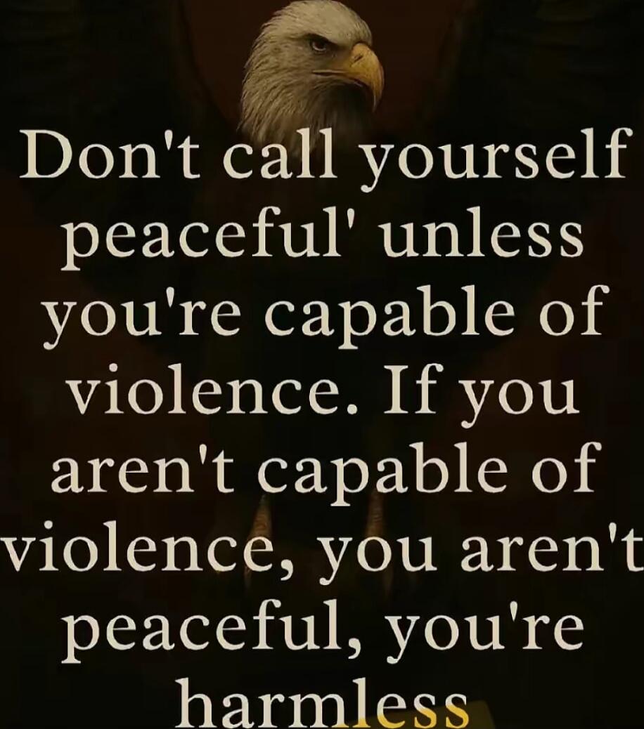 Don't call yourself peaceful unless you're capable of violence. If you aren't capable of violence, you aren't peaceful, you're harmless.
