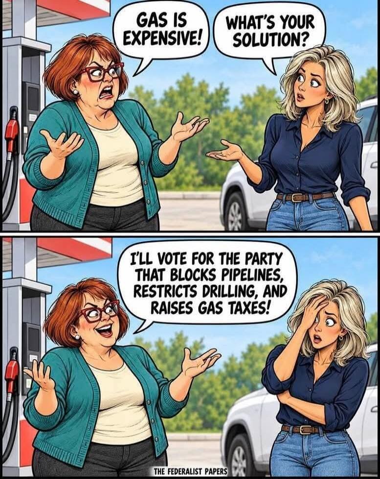 GAS IS EXPENSIVE! WHAT'S YOUR SOLUTION? I'LL VOTE FOR THE PARTY THAT BLOCKS PIPELINES, RESTRICTS DRILLING, AND RAISES GAS TAXES!