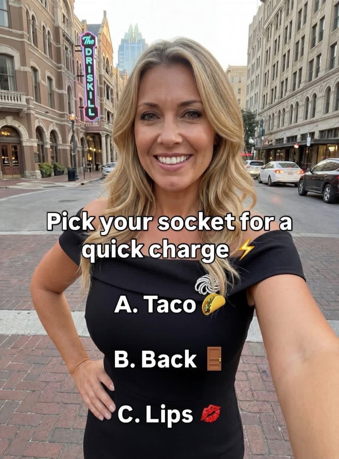 Pick your socket for a quick charge ⚡ A. Taco 🌮 B. Back 🔋 C. Lips 💋