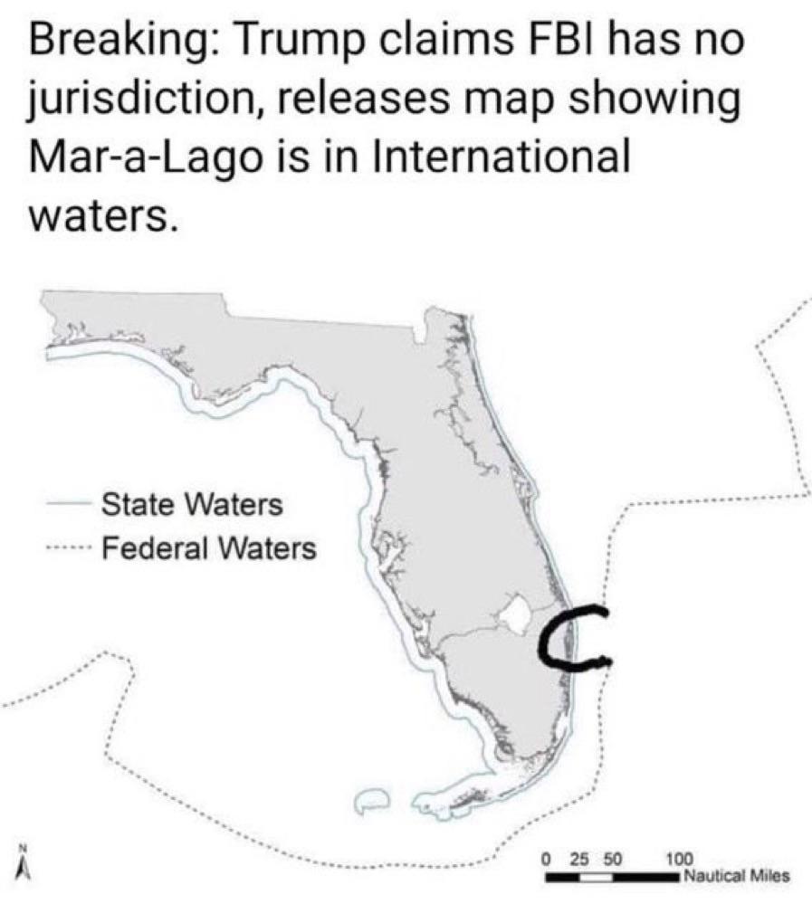 Breaking Trump claims FBI has no jurisdiction releases map showing Mar a Lago is in International waters State Waters Federal Waters