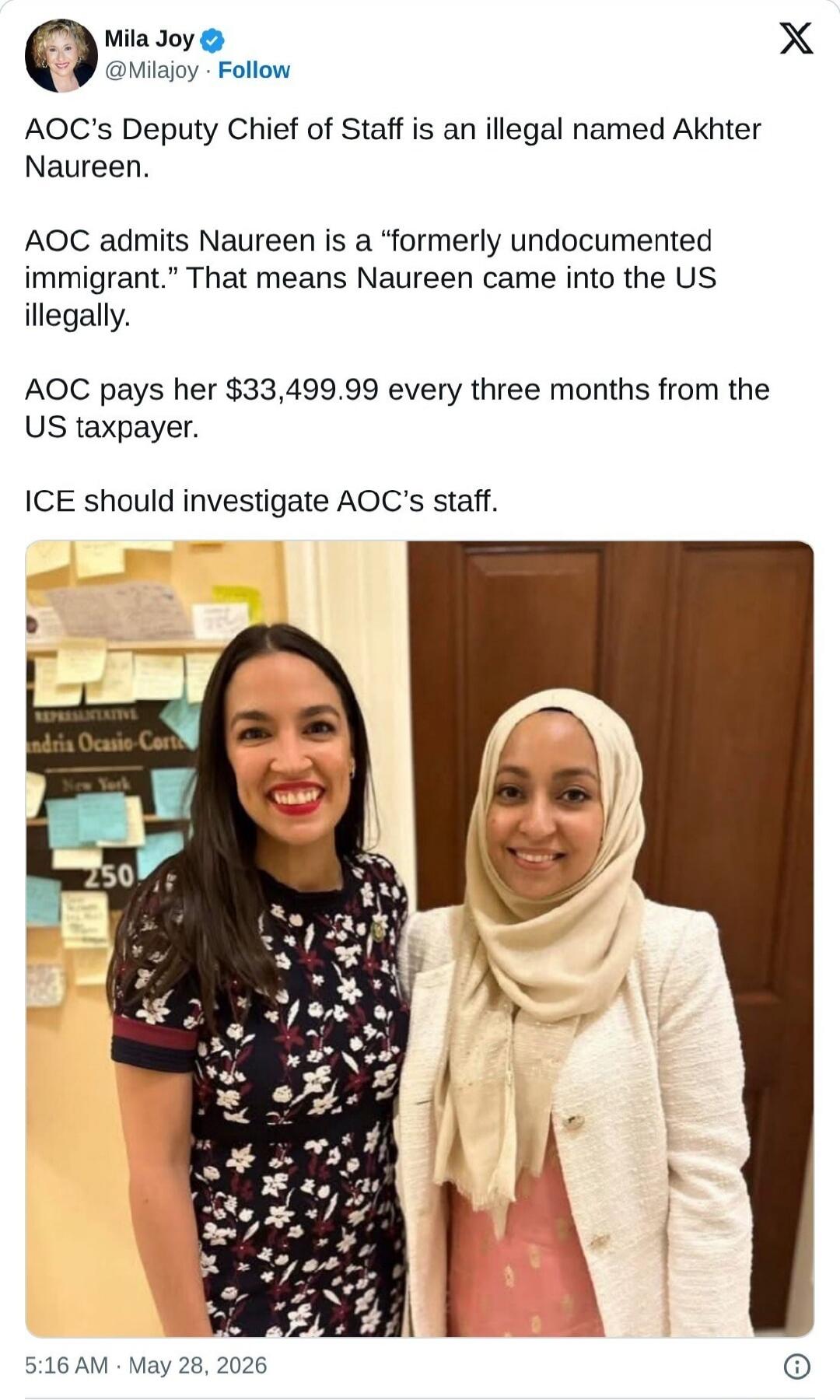 AOC's Deputy Chief of Staff is an illegal named Akhter Naureen. AOC admits Naureen is a 