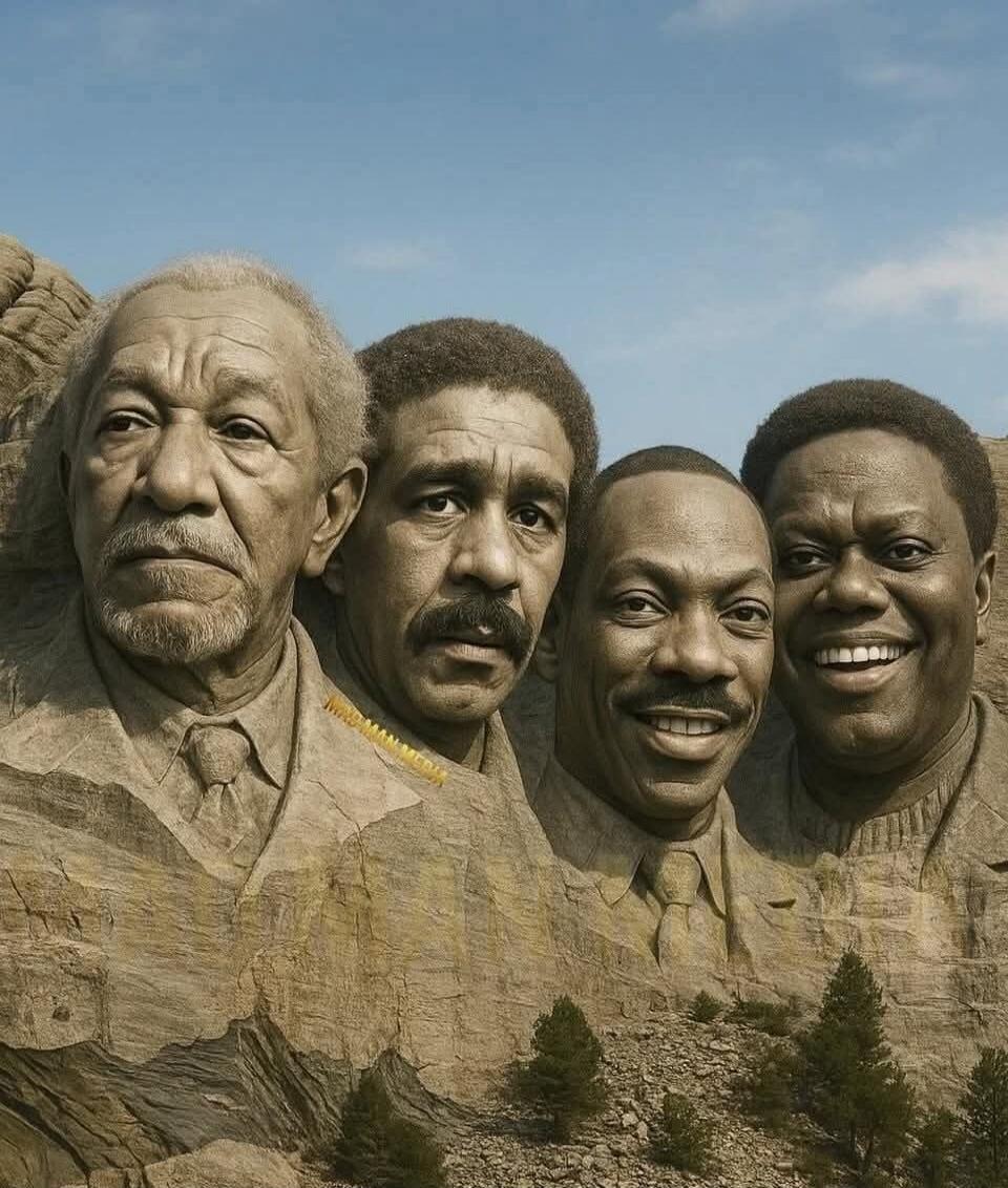 Mount Rushmore parody featuring famous African-American comedians and actors: Morgan Freeman, Richard Pryor, Eddie Murphy, and Chris Rock. Text on image: MAD MAN MEDIA.