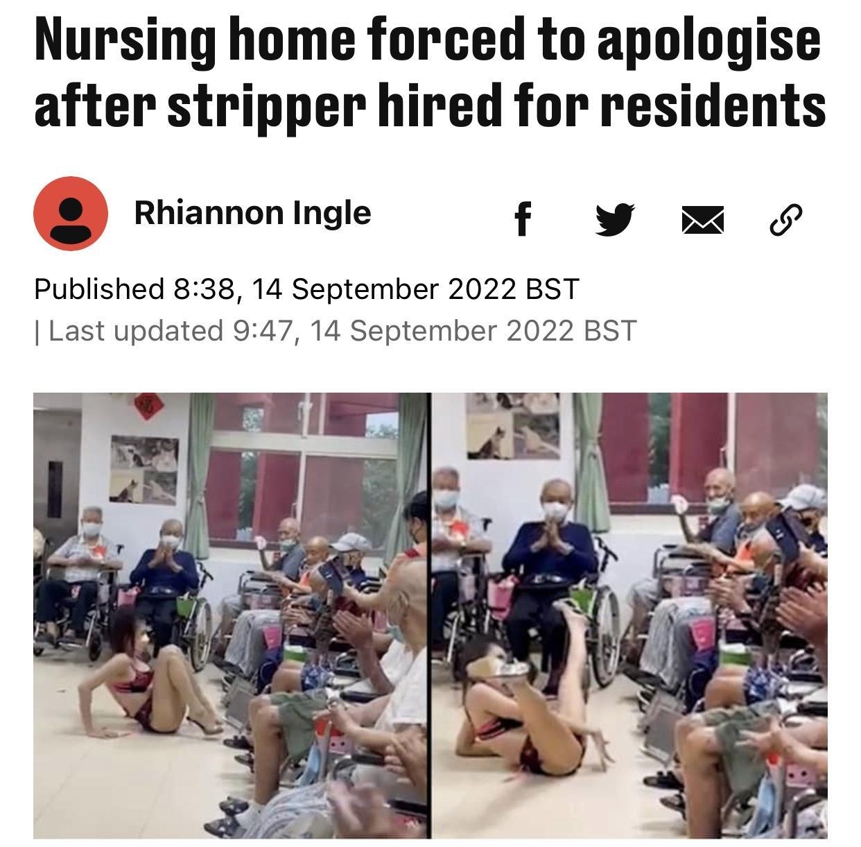 Nursing home forced to apologise after stripper hired for residents Rhiannon ingle f Published 838 14 September 2022 BST Last updated 947 14 September 2022 BST Featured Image Credit Viral Press