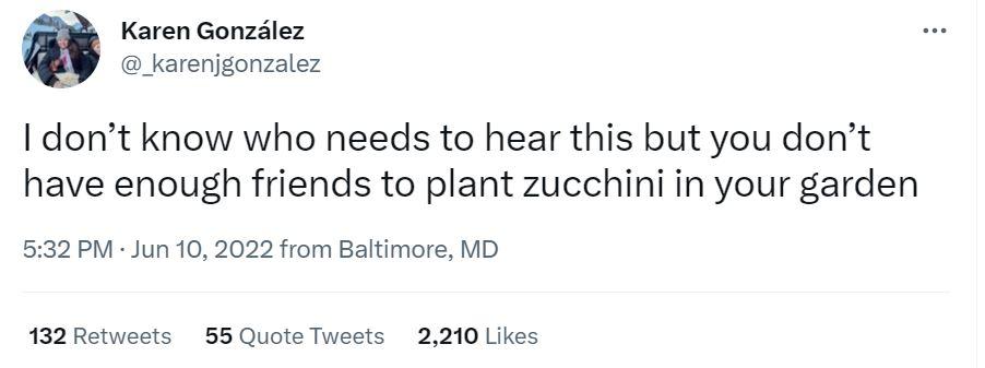 Karen Gonzdlez renigonzalez I dont know who needs to hear this but you dort have enough friends to plant zucchini in your garden 532 PM Jun 10 2022 from Baltimore MD 132 Retwests 55 Quote Tweets 2210 Likes