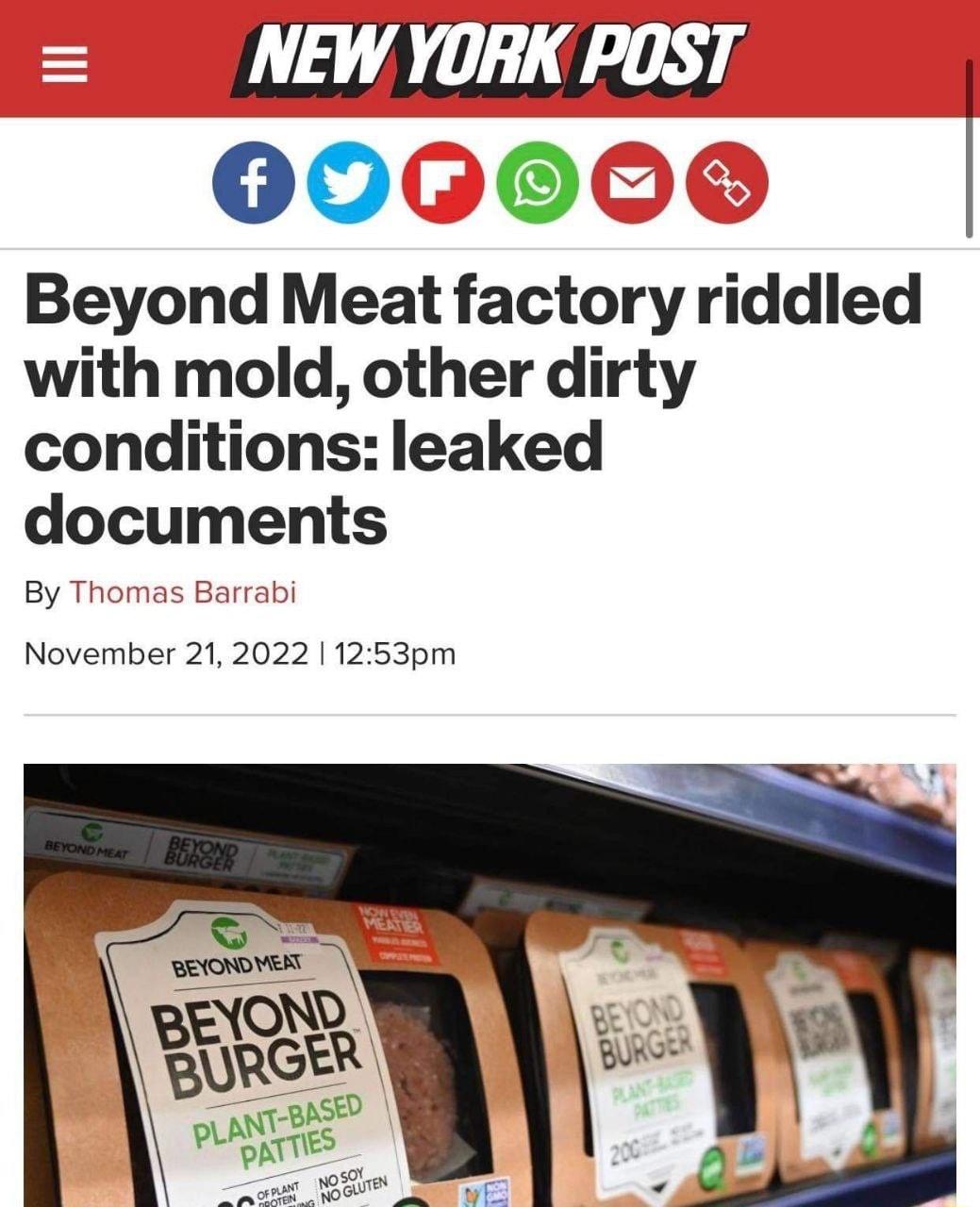 DRK POS 00000 Beyond Meat factory riddled with mold other dirty conditions leaked documents By Thomas Barrabi November 212022 1253pm