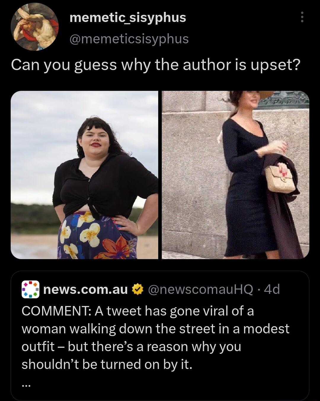 r g UGB LT ClEENTEE YT Can you guess why the author is upset 8 newscomau newscomauHQ 4d o0 VLI 2 S T EER T ERVTE RO woman walking down the street in a modest outfit but theres a reason why you shouldnt be turned on by it