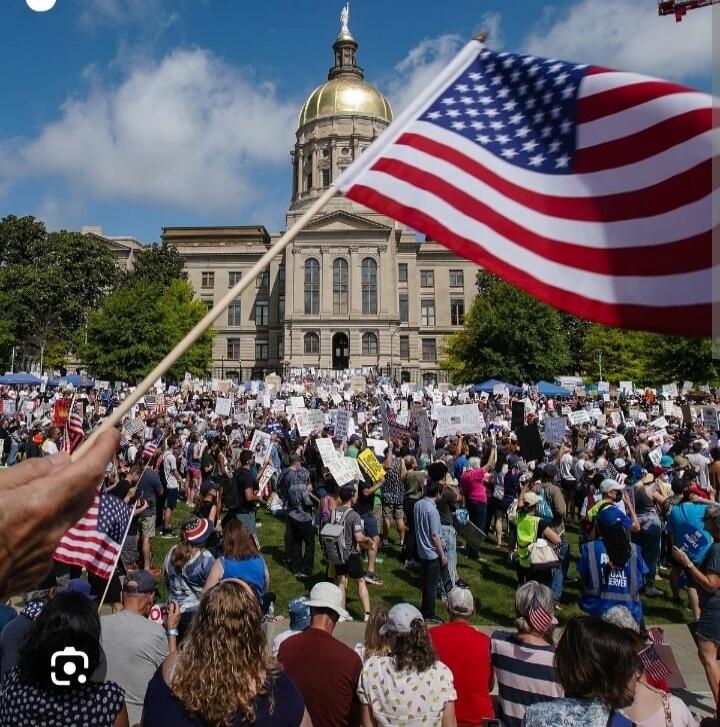 A large crowd of people gathered in front of a state capitol building with a golden dome. Many individuals are holding signs and American flags. One person in the foreground is holding an American flag. A sign in the crowd reads 'LEGAL OBSERVER'.