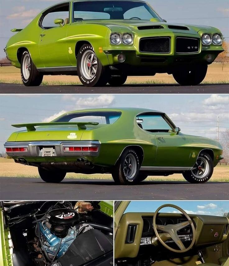 Green classic Pontiac GTO muscle car collage — front view, rear view, engine bay, and interior.