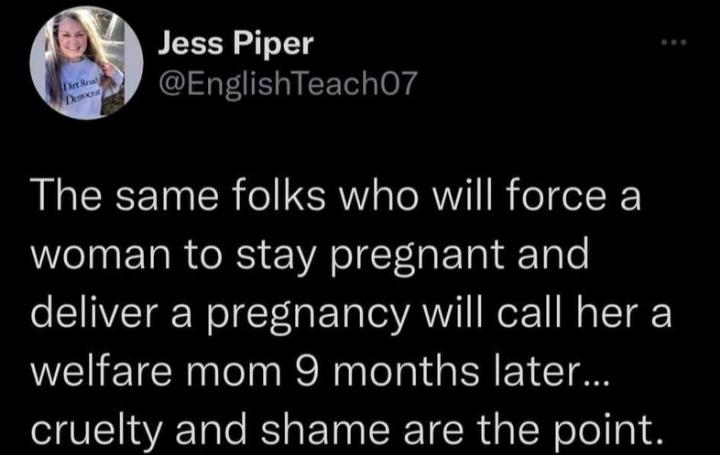 Jess Piper EnglishTeach07 The same folks who will force a WeIERRICES A oIgT laETal Tale deliver a pregnancy will call her a welfare mom 9 months later cruelty and shame are the point