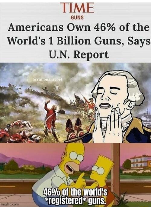 TIME GUNS Americans Own 46% of the World's 1 Billion Guns, Says U.N. Report

46% of the world's *registered* guns.