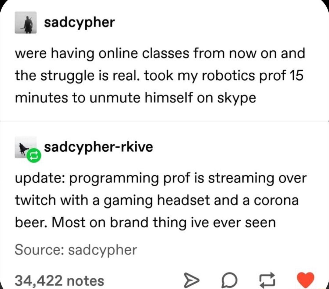 _ sadcypher were having online classes from now on and the struggle is real took my robotics prof 15 minutes to unmute himself on skype h sadcypher rkive update programming prof is streaming over twitch with a gaming headset and a corona beer Most on brand thing ive ever seen Source sadcypher 34422 notes S 0O 2 e