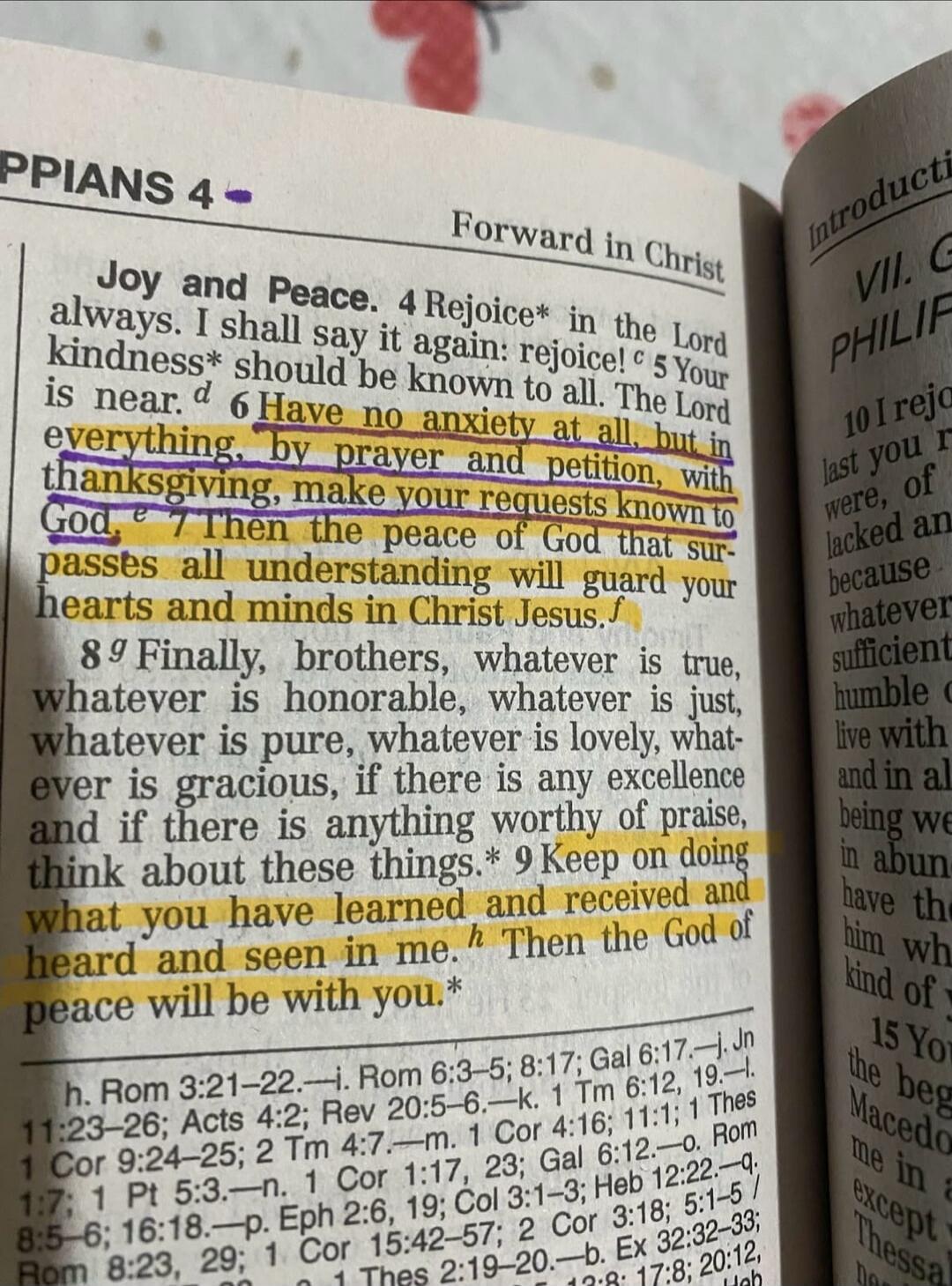 Joy and Peace. Rejoice in the Lord always. I shall say it again: rejoice! Your kindness should be known to all. The Lord is near. Have no anxiety at all, but in everything, by prayer and petition, with thanksgiving, make your requests known to God. Then the peace of God that surpasses all understanding will guard your hearts and minds in Christ Jes