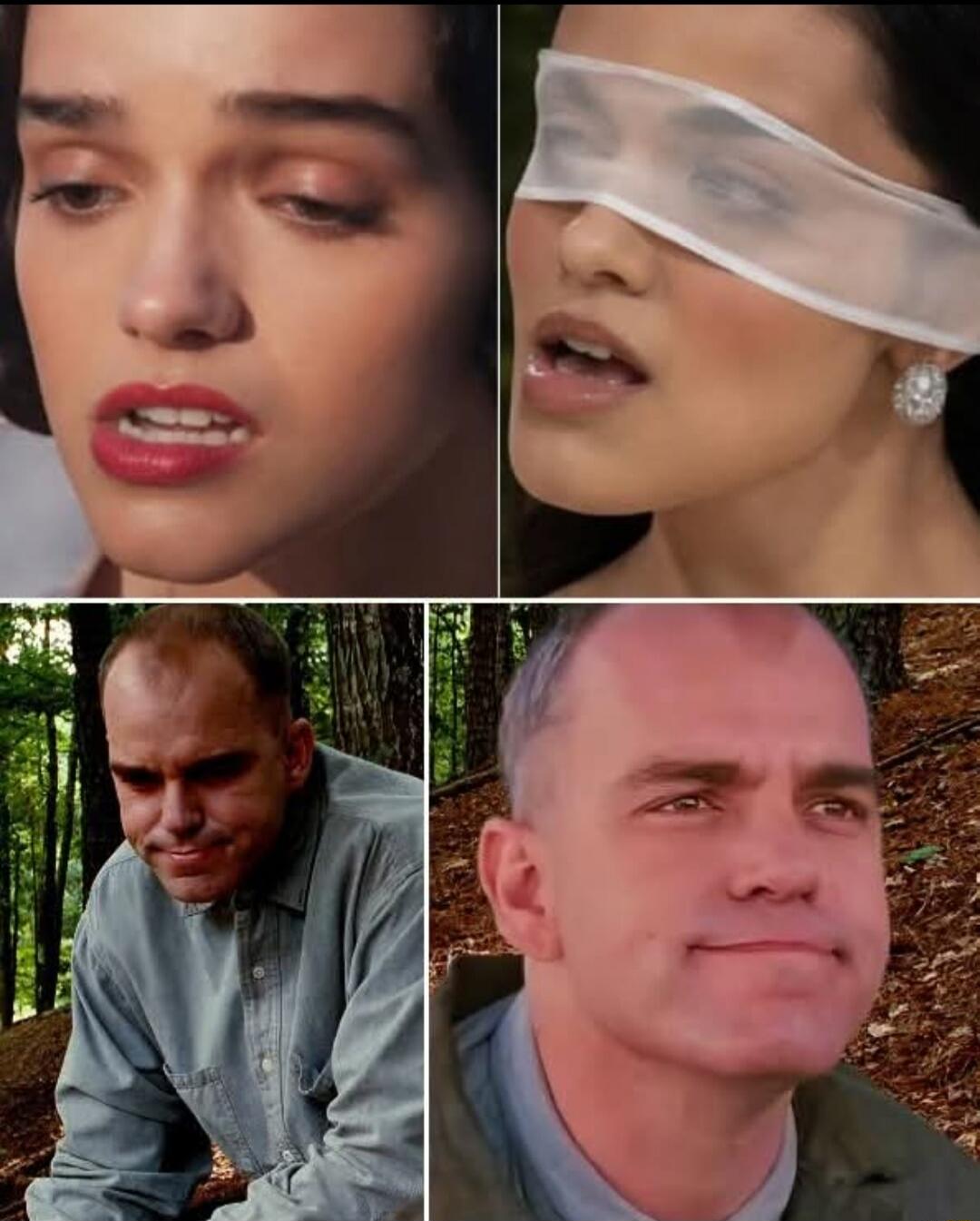 A four-panel image. The top left shows a woman with red lipstick, looking distressed or in pain. The top right shows a woman with a blindfold over her eyes, mouth slightly open, appearing sensual or in anticipation. The bottom left shows a man (Karl Childers from Sling Blade) looking down with a somber or pained expression. The bottom right shows t