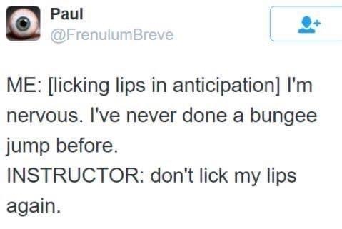 e ME licking lips in anticipation Im nervous Ive never done a bungee jump before INSTRUCTOR dont lick my lips again Source dinuguan 303372 notes 0 i a