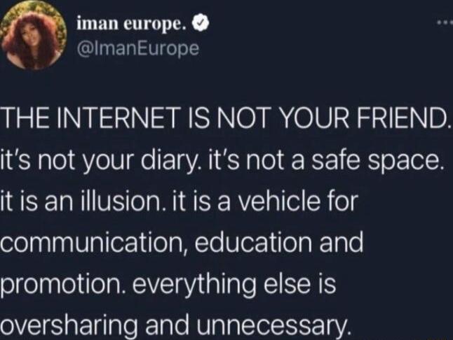 o e THE INTERNET IS NOT YOUR FRIEND its not your diary its not a safe space SE NV WIS SRV el SR ol oelnlnalVlallerilegWYo Vlor1 elak1nle promotion everything else is oversharing and unnecessary