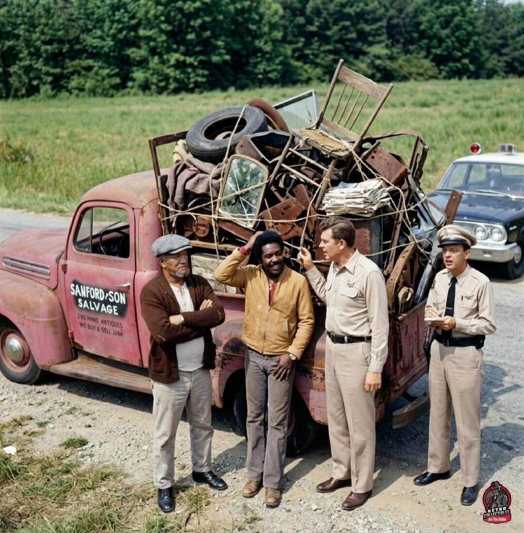A classic scene featuring Fred and Lamont Sanford from the TV show 'Sanford and Son'. They are standing next to their iconic red junk truck, which is heavily overloaded with various items like furniture, mirrors, tires, and scrap metal, all tied down with ropes. Two police officers are interacting with them, one appearing to take notes. The truck h