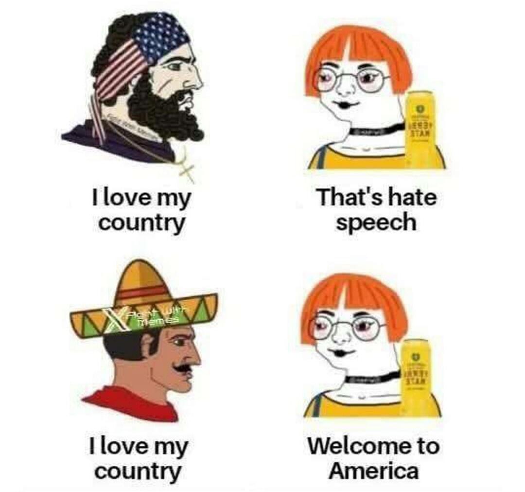 I love my country. That's hate speech. I love my country. Welcome to America. Fight with Memes. JERKY STAN.