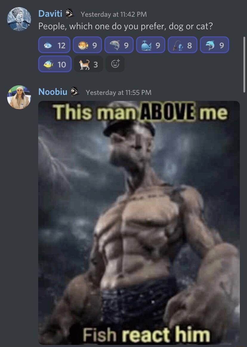 Daviti 5 Yesterday at 1142 PM People which one do you prefer dog or cat CRPIE THE CUEVE NS e X 100 W3 6 Noobiu Yesterday at 155 PM This man ABOVELL Fish react him