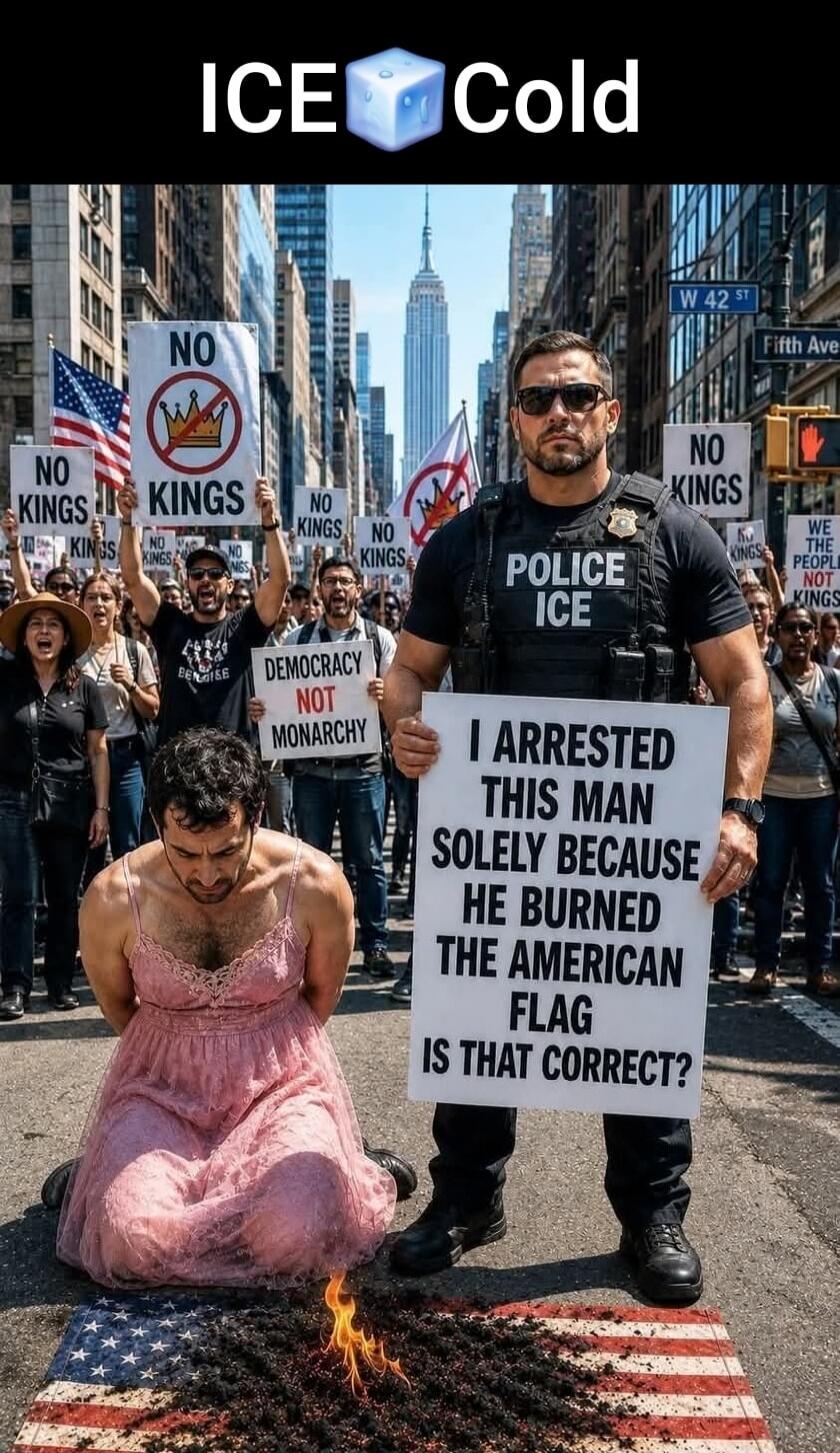 ICE Cold NO KINGS DEMOCRACY NOT MONARCHY POLICE ICE I ARRESTED THIS MAN SOLELY BECAUSE HE BURNED THE AMERICAN FLAG IS THAT CORRECT? W 42 ST Fifth Ave WE THE PEOPLE NOT KINGS