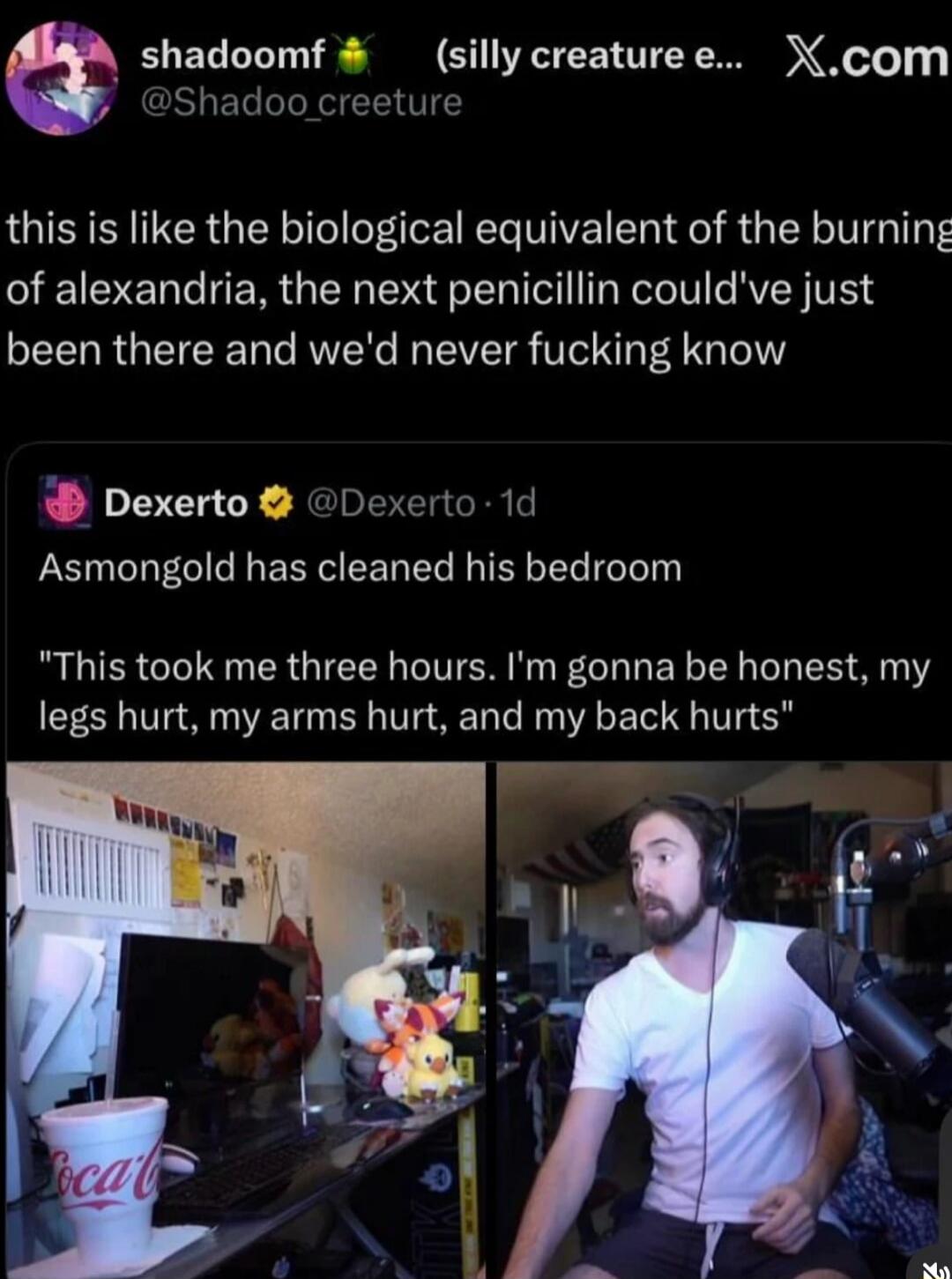 shadoomf (silly creature e... X.com @Shadoo_creeture this is like the biological equivalent of the burning of alexandria, the next penicillin could've just been there and we'd never fucking know Dexerto @Dexerto 1d Asmongold has cleaned his bedroom 