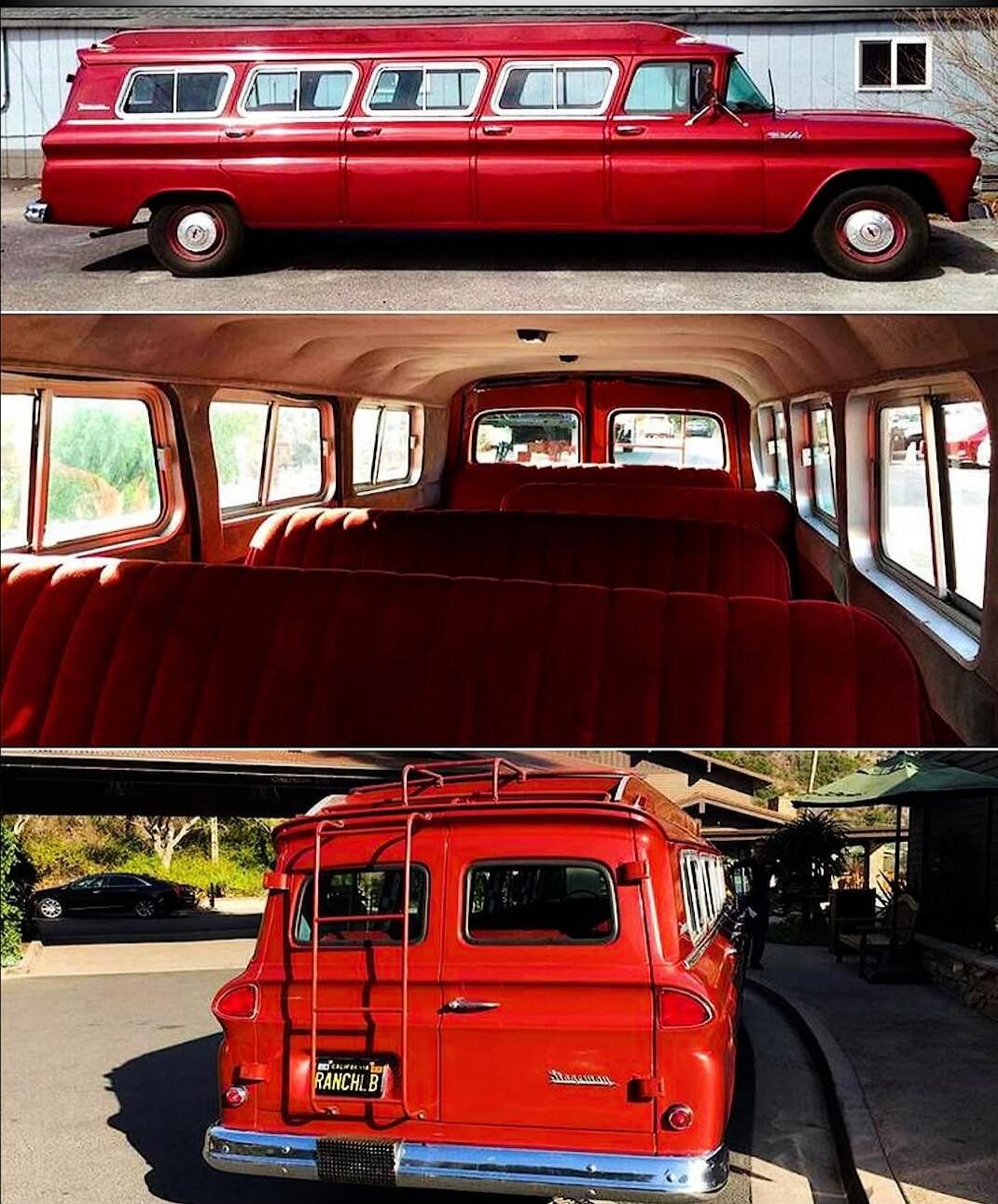 A three-panel image of a bright red vintage bus/van. Top panel shows a long red bus with many windows along the side. Middle panel shows red velvet interior seating. Bottom panel shows the rear of the same vehicle with a roof rack and a vanity license plate reading 'RANCH B'.