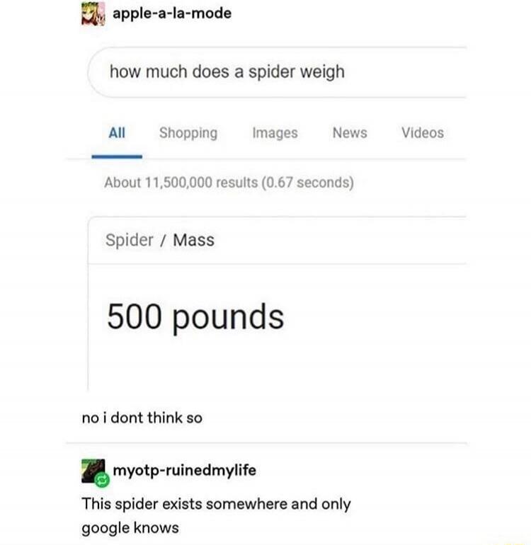 apple-a-la-mode how much does a spider weigh All Shopping Images News Videos About 11,500,000 results (0.67 seconds) Spider / Mass 500 pounds no i dont think so myotp-ruinedmylife This spider exists somewhere and only google knows