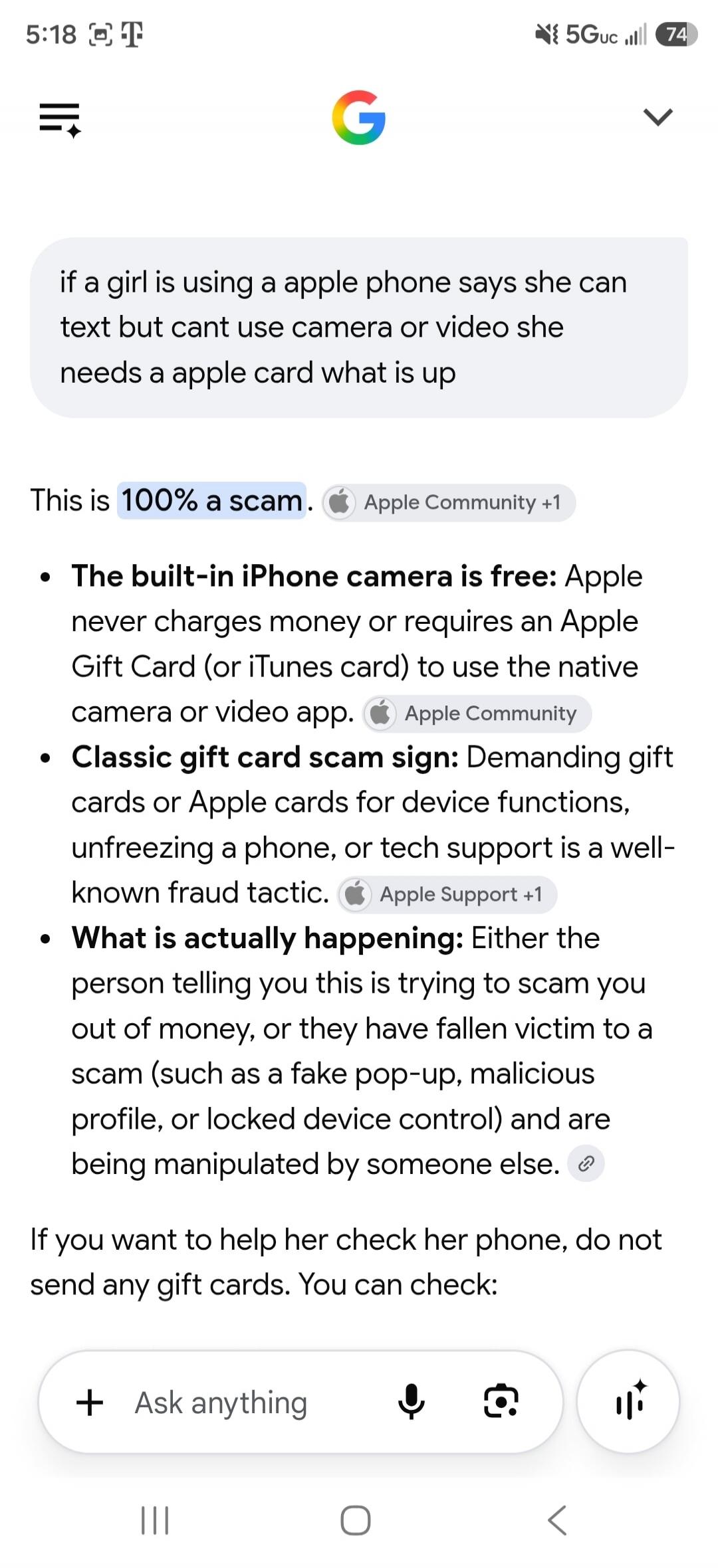 If a girl is using an Apple phone says she can text but can't use camera or video she needs an Apple card what is up. This is 100% a scam. The built-in iPhone camera is free: Apple never charges money or requires an Apple Gift Card (or iTunes card) to use the native camera or video app. Classic gift card scam sign: Demanding gift cards or Apple car