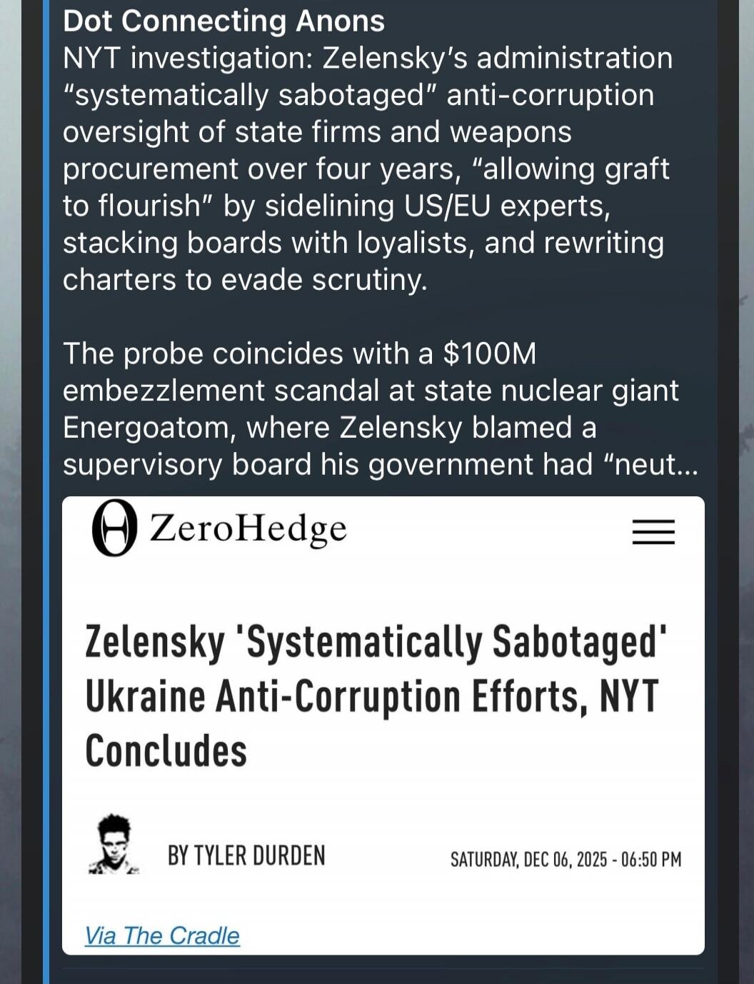 Dot Connecting Anons
NYT investigation: Zelensky's administration 'systematically sabotaged' anti-corruption oversight of state firms and weapons procurement over four years, 'allowing graft to flourish' by sidelining US/EU experts, stacking boards with loyalists, and rewriting charters to evade scrutiny.

The probe coincides with a $100M embezzlem