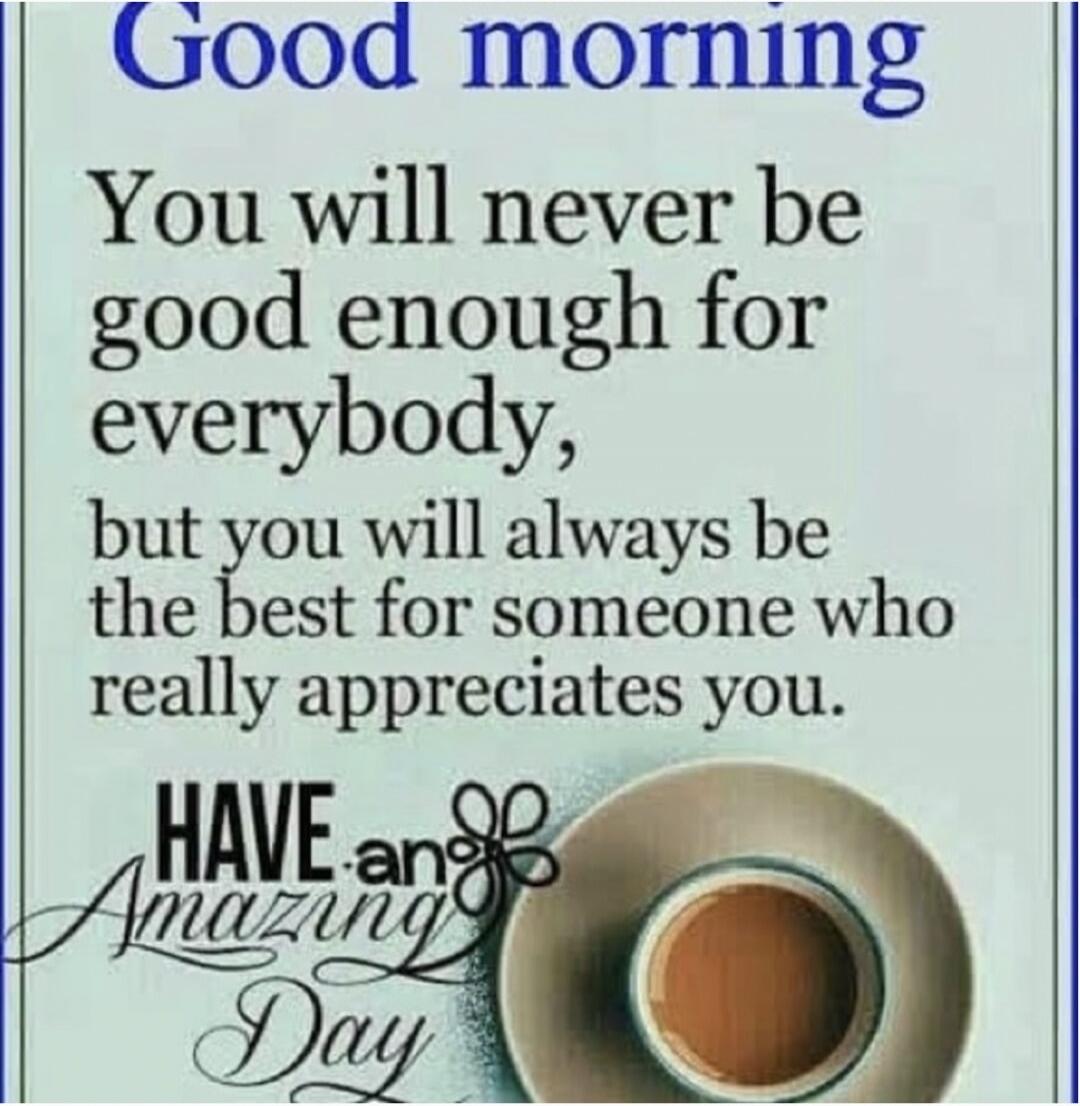 Good morning. You will never be good enough for everybody, but you will always be the best for someone who really appreciates you. Have an Amazing Day.