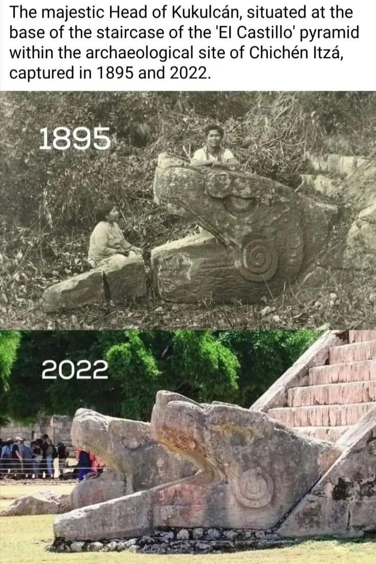 The majestic Head of Kukulcan situated at the base of the staircase of the El Castillo pyramid within the archaeological site of Chichn Itza captured in 1895 and 2022