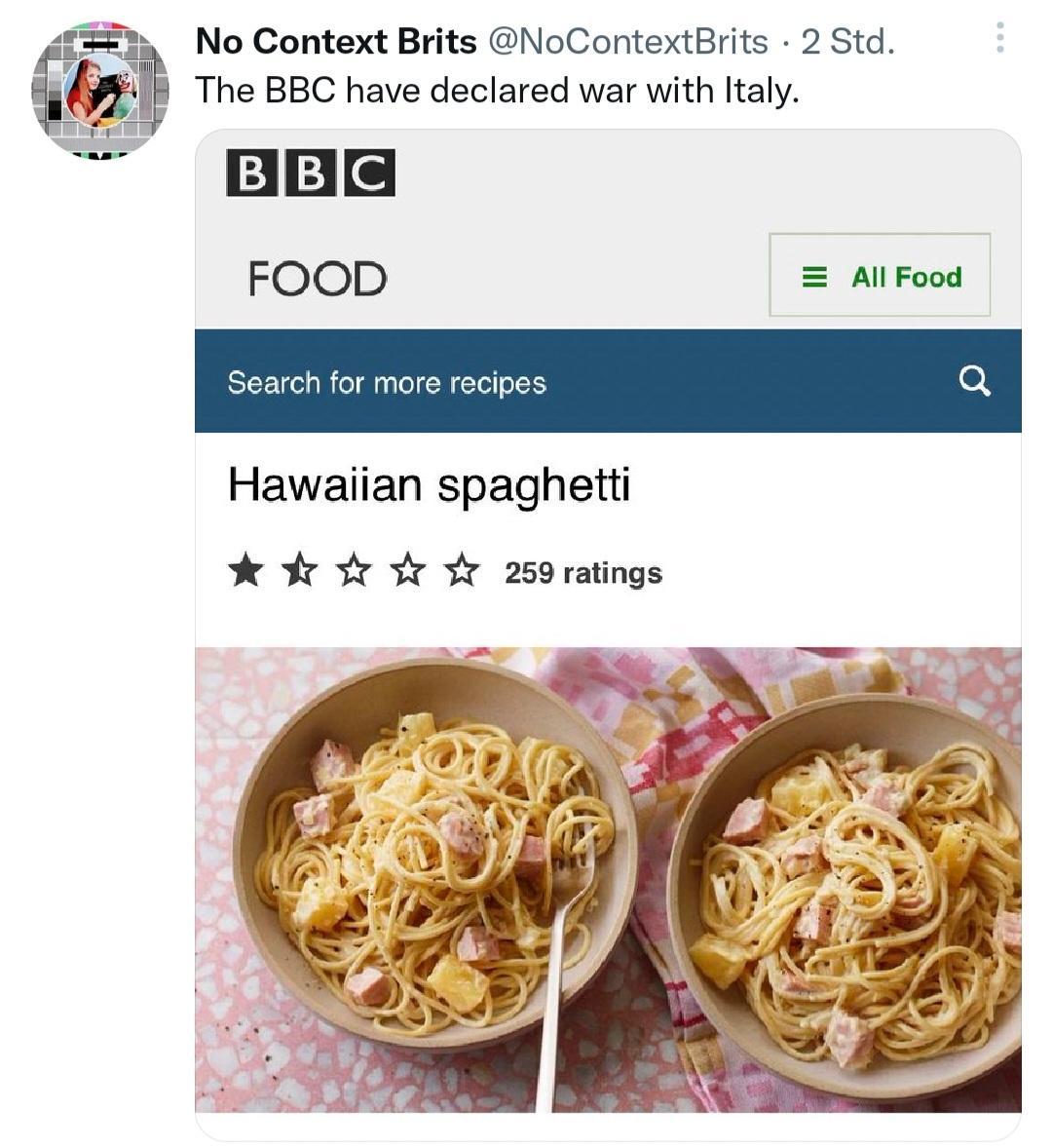 71 No Context Brits oContextBrits 2 Std The BBC have declared war with Italy i BEE FOOD AllFood Hawaiian spaghetti 259 ratings