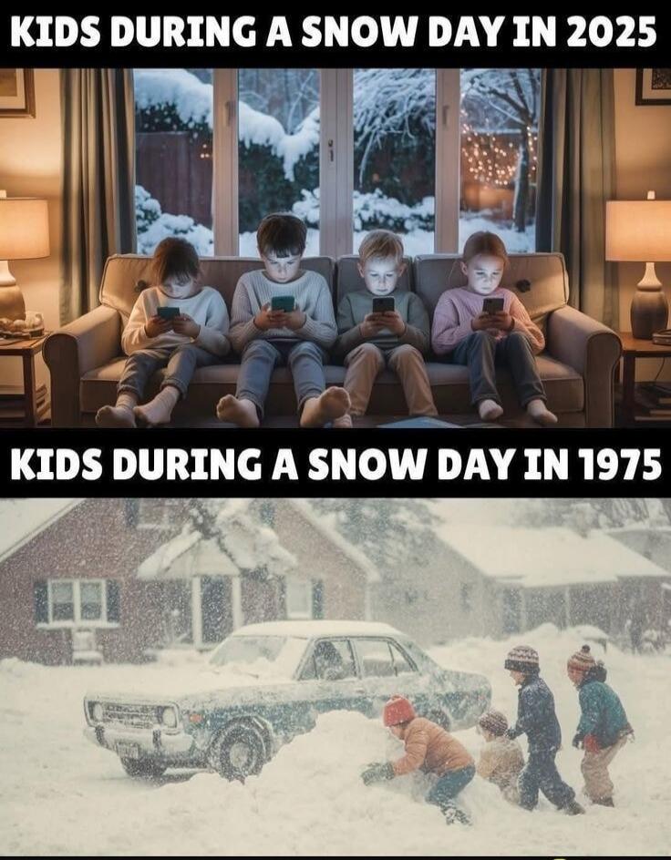 KIDS DURING A SNOW DAY IN 2025. KIDS DURING A SNOW DAY IN 1975.