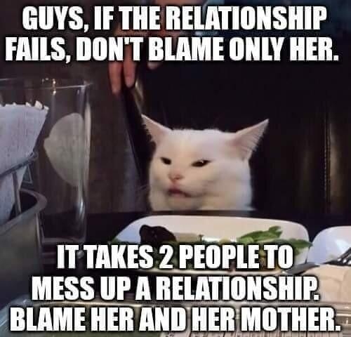 GUYS IF THE RELATIONSHIP FAILS Illllll BLAME ONLY HER P R P o5 IT TAKES 2 PEOPLE mi _MESS UP A RELATIONSHIP nnumli HER nm HIIITHEII l